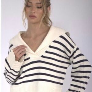 Elegant V-Neck Striped Sweater - Blue and White
